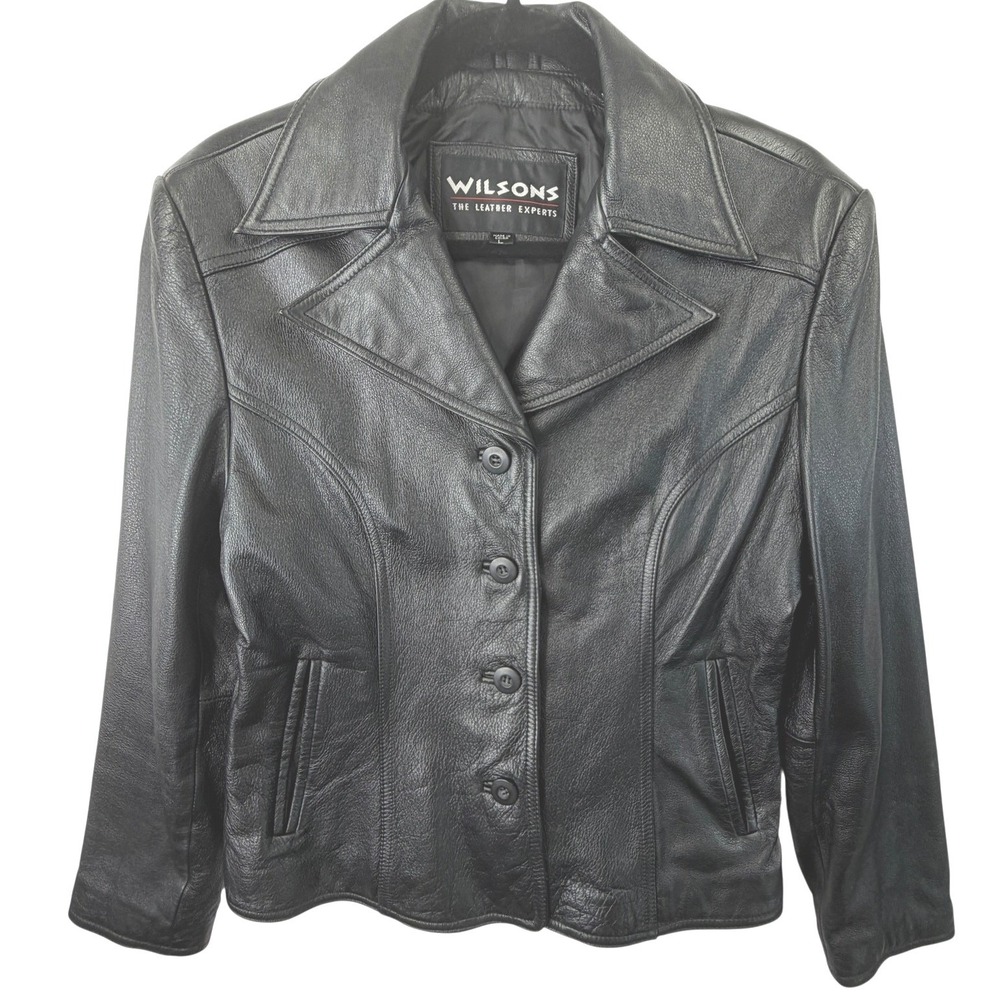 Wilsons Leather Blazer Jacket Vintage 90s Y2K Button Up Moto Coat Black Size L